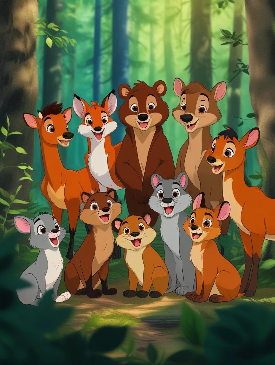 the cute animals in the forest, portrait, cartoon,j_cartoon,