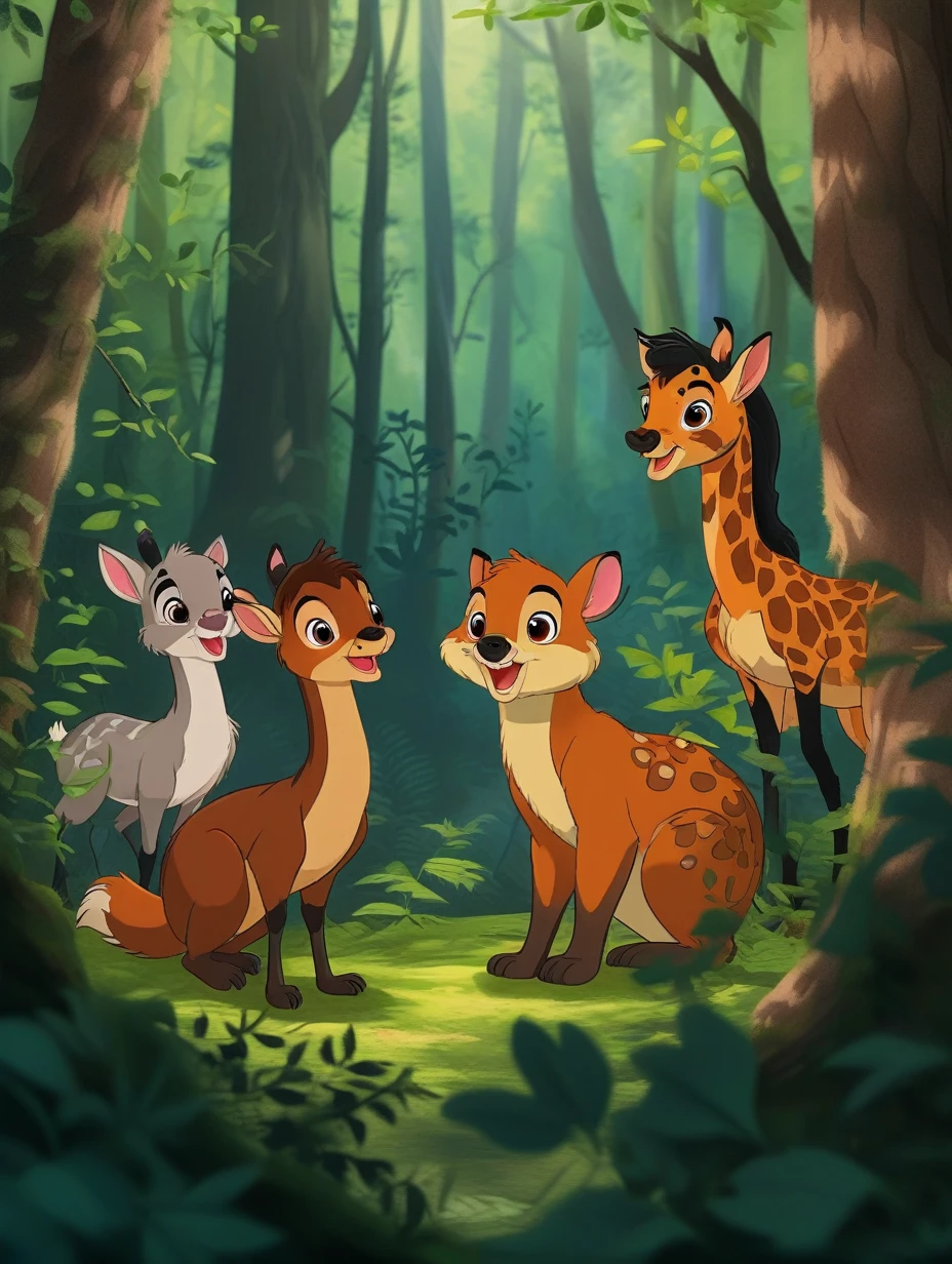 the cute animals in the forest, portrait, cartoon,j_cartoon,