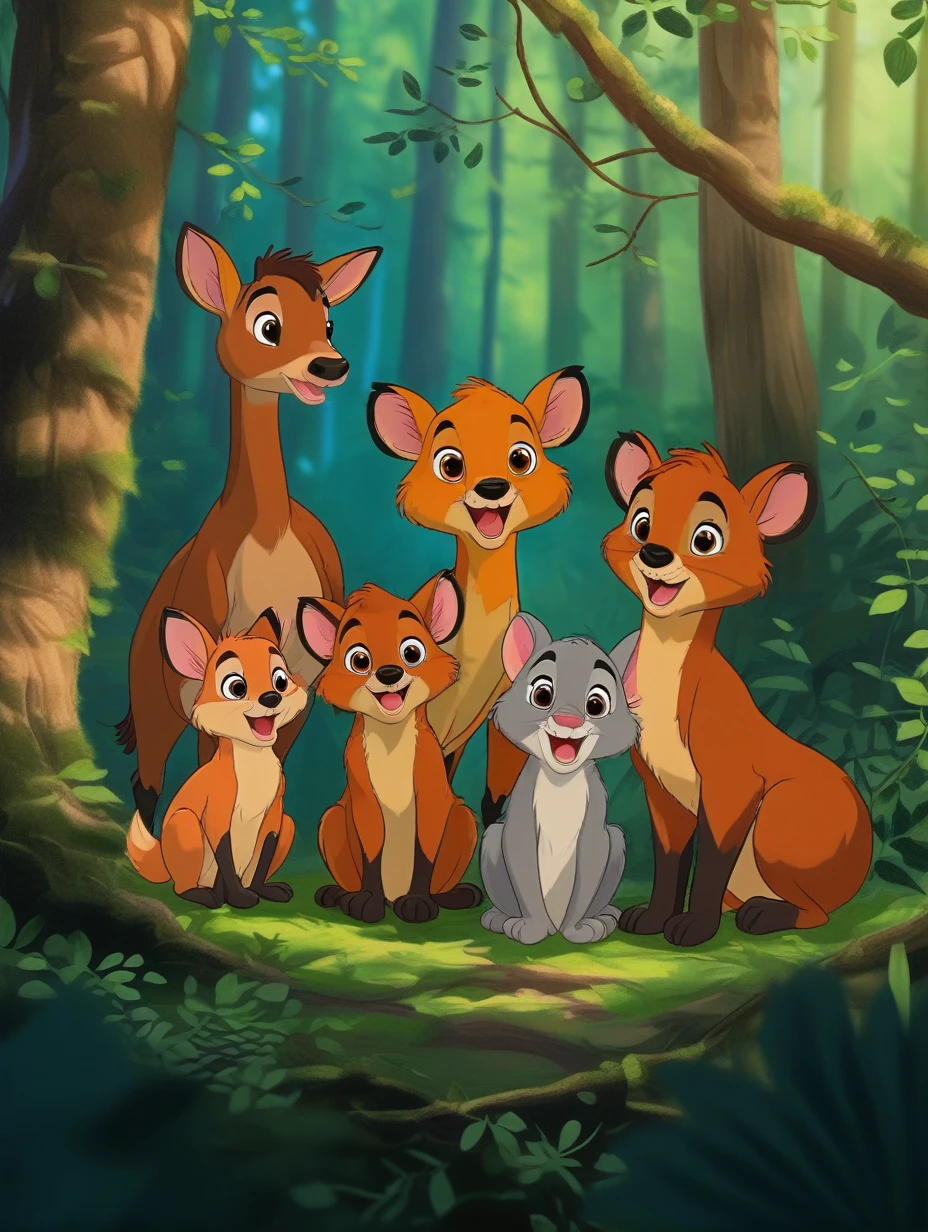 the cute animals in the forest, portrait, cartoon,j_cartoon,