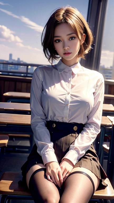 Highest quality, masterpiece, High definition, 16K quality, beautiful , Light brown medium hair, 明るい茶色のbeautiful目, uniform, White blouse, black_pantyhose, White panties showing through pantyhose, Plump and large breasts, Large breasts sagging due to gravity, Blushing, She is looking at the camera, A dreamy look, Spread your legs, night classroom, Bright red sky, beautiful clouds in madder color,