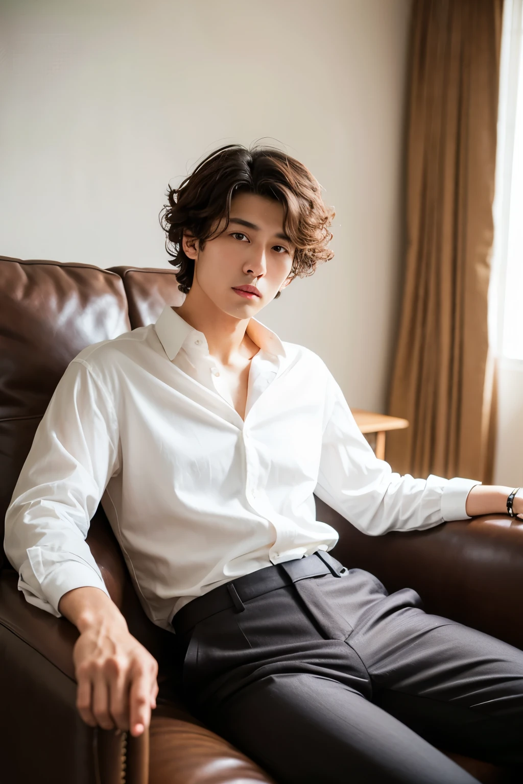 Japanese 30s Brown hair perm　male　In a white room　Sit on the sofa　Wearing a shirt and black trousers