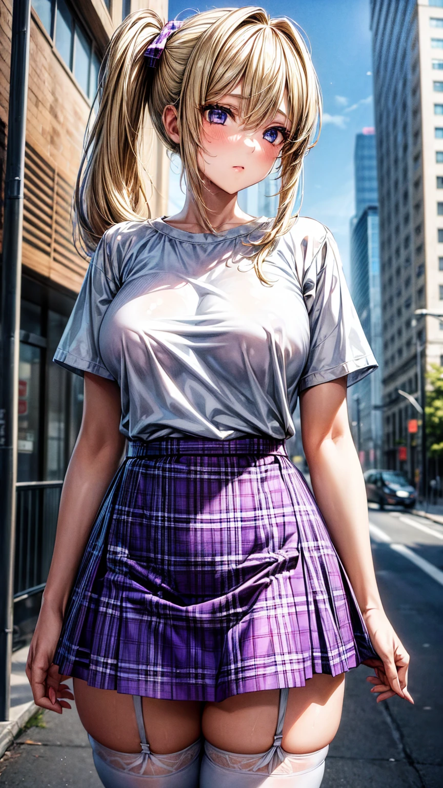 1girl,masterpiece,best quality,blonde hair,(short ponytails),blue eyes,(white stockings),(purple plaid skirt),standing,in full length,medium breasts,white t shirt,in front of streets,extremely detailed,[[realistic]],beautiful alluring anime ,seductive anime girl,slim legs