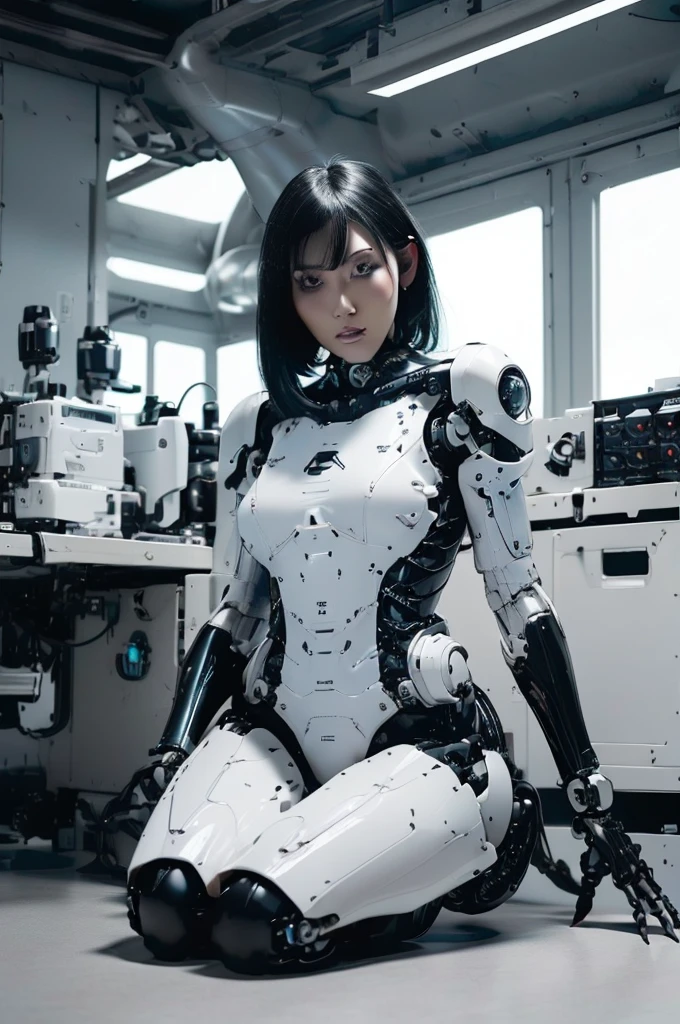 (photorealistic:1.4), (RAW photo) (RAW photo) (8K, 4K, Best Quality, hight resolution, 超A high resolution:1.1), (masutepiece, Realistic, Photorealsitic:1.1), 1girl in, Japaese Cyborg Girl ,Plump , White boots,announcer,control panels,android,Droid,Mechanical Hand, ,clothes with a sense of mechanical technology, Robot arms and legs, Black Robot Parts,Black hair,Mechanical body,rompers,Blunt bangs,White abdomen,White robotics parts,short hair,tube dress,perfect robot woman,laboratory,kneel on the floor,full eyes,