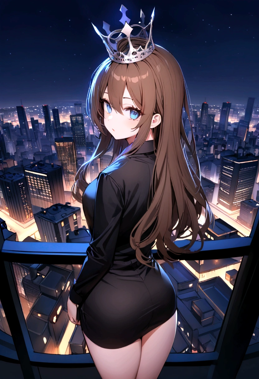 (Highest quality)(1 woman,single,long hair,brown hair,blue eyes,sexy figure ,Black suit shirt,There is a small silver crown on the head.,Turn to look at the viewer,Standing on the edge of a skyscraper(skyscraper roof, overlooking the city, Detailed background (night time, darkness, little light pollution)) look back