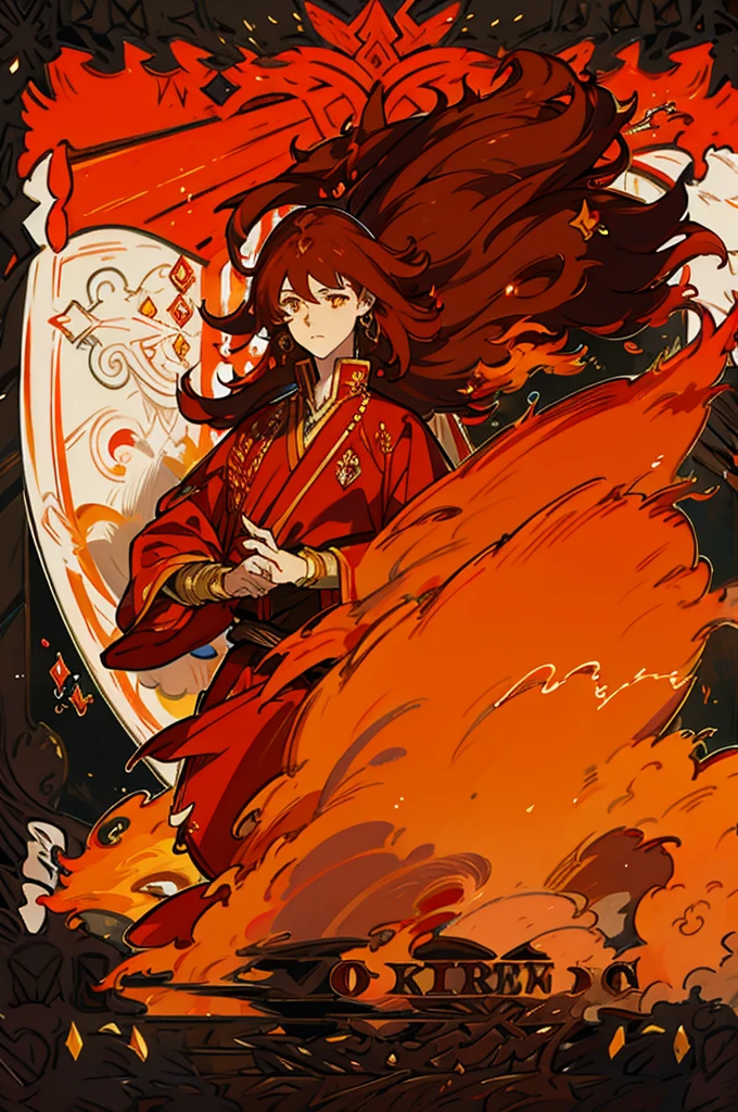 High-quality digital painting of a young man with long flowing brown hair and piercing orange eyes, adorned in majestic royal attire, controlling vibrant flames with a single pair of enormous crimson wings sprouting from his back, intense and powerful, detailed hair and facial features without facial hair and without fire or accessories on the face, fiery and majestic, fantasy, vibrant color palette, dramatic lighting