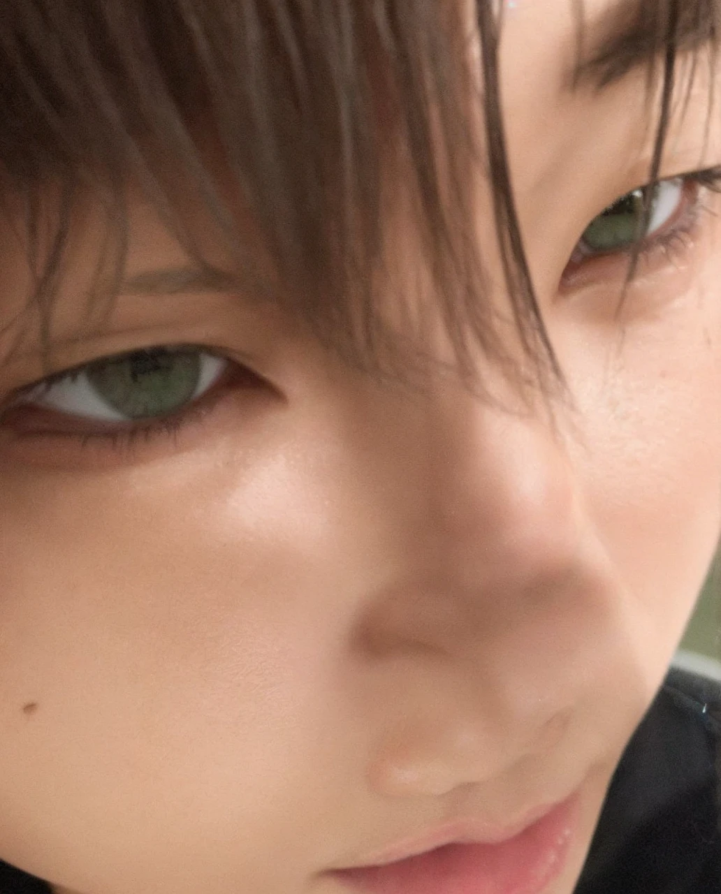 Green-eyed Asian boy with his face close to the camera, snub-nosed