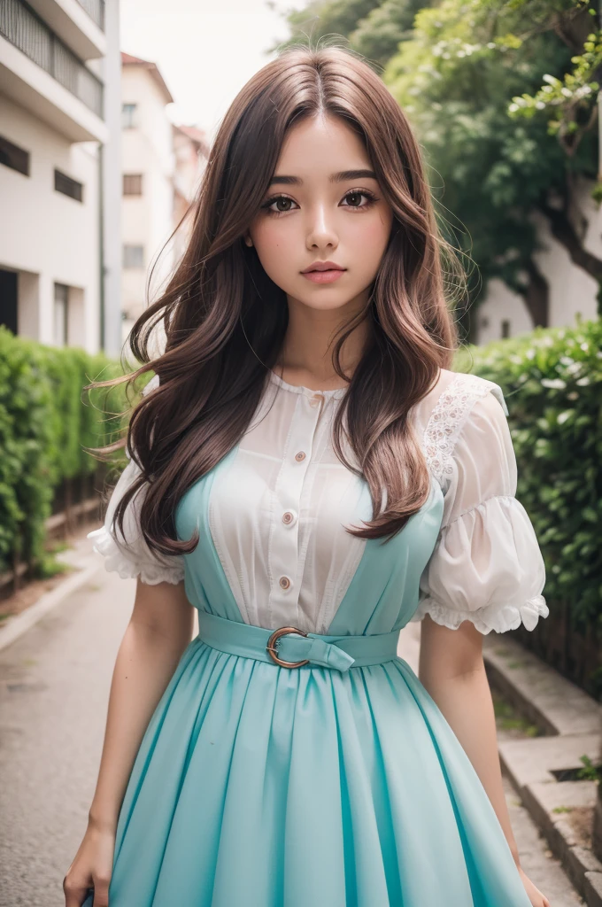 8K, Foto CRU, Fujifilm, foto de estilo de uma bela jovem como Avril em um jardim de rosas cor de rosa claro (pele altamente detalhada: 1.2) Estilo-Petal BREAK cabelo curto, cabelo loiro com mechas coloridas, vestindo um vestido, film grain, 35mm, estilo fofo