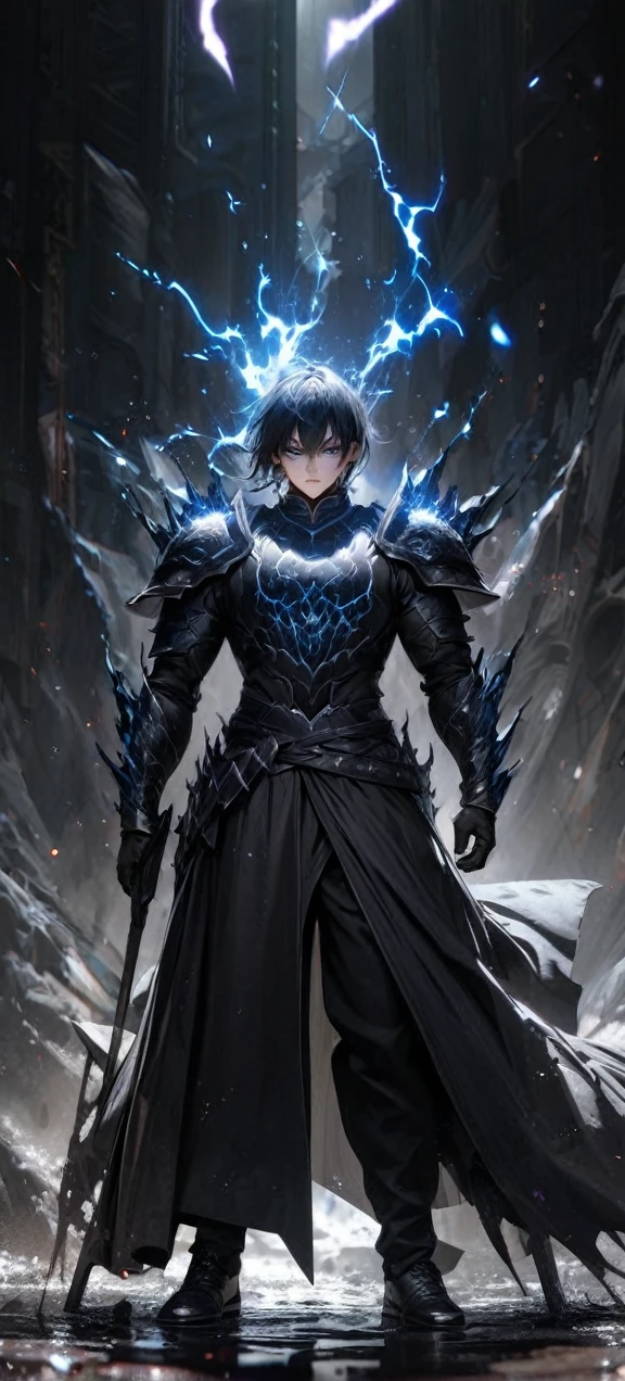  High quality, ultra realistic,absurdres, highres, ultra detailed, HDR, masterpiece, extremely detailed face and eyes,  Sagitarius Seiya, Saint Saiya , Dark Armor, solo, ,man, handsome, ,white eyeleshes, black eyes , villain expresion, black splashing effect, dark black lightning  effect,glowing glitters , symetrical , black aura, full body view