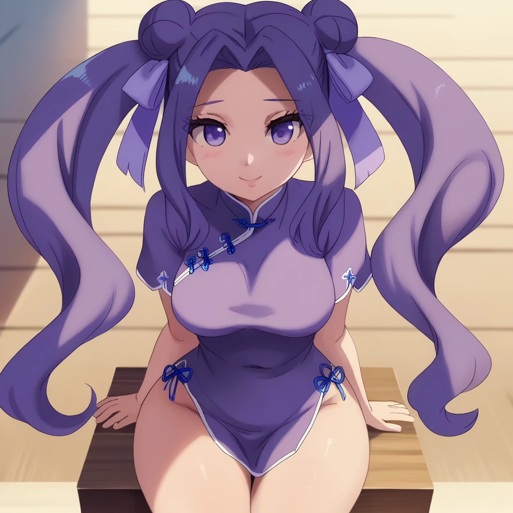 1 girl, Raiden Shogun, Genshin Impact, kneeling, Japanese style room, seiza, naked, purple thigh highs