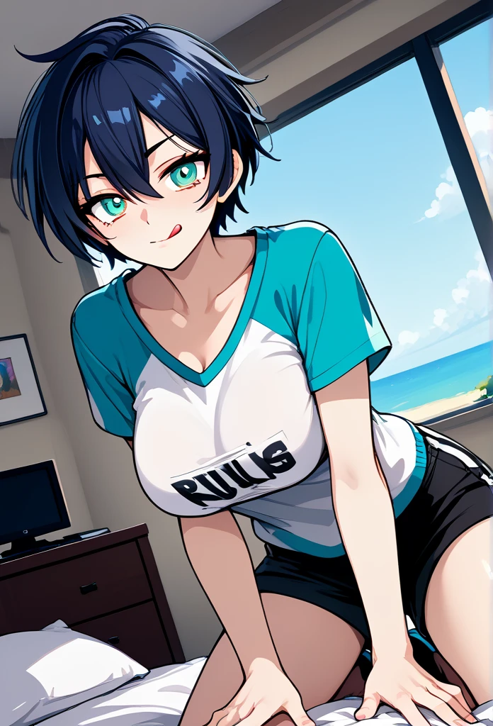 mature woman, tomboy, hot face, horny expression, (sharp eyes), cyan eyes, (short hair, pixie hairstyle, dark blue hair, dark hair), (fit body, mature body), big breast, short pants, hot pants, casual shirt, bedroom, viewer on bed, (licking lips), (on top of viewer, crawling to viewer, on all four), view from below
