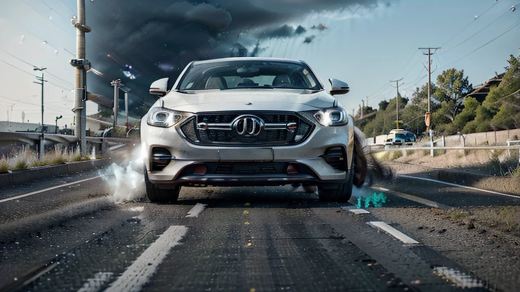 Please generate an illustration showing the application of autonomous driving. The content should feature a vehicle safely driving on a highway, utilizing AI technology and autonomous driving functions. The system should effectively detect the cars ahead and maintain a safe distance between vehicles. The background should show many cars driving on the highway, viewed from a top-down perspective. The photo style should be minimalist, bright, naturally colored, and clear.
