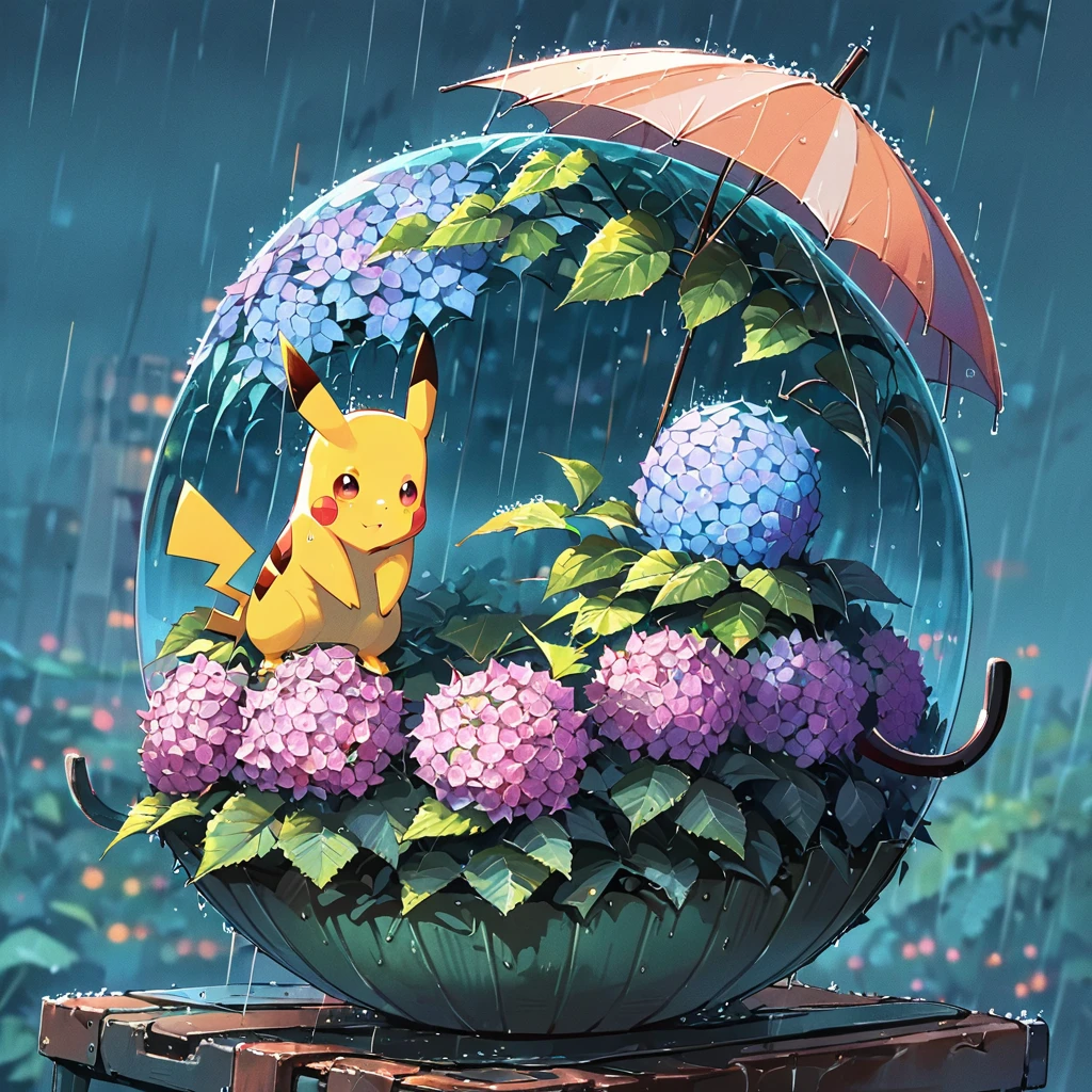 ((anime:1.4,illustration)),(masterpiece, top quality, best quality),(ultra-detailed, absolutely resolution),((16k, high res)),
(((A sphere made of hydrangeas, Pikachu standing on it,
Pikachu holding an umbrella, rain, light blue background))
((cozy lofi illustration:1.4)), ((anime:1.4, illustration)),(masterpiece, top quality, best quality),(ultra-detailed, absolutely resolution),((16k, high res)) BREAK {lofi art, style of Laurie Greasley, style of Makoto Shinkai, anime aesthetic}, BREAK { (produces images with information than 40 million pixels with cinematic-like detailed textures shot on a Sony SLR).}