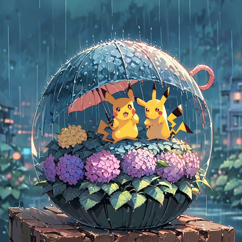 ((anime:1.4,illustration)),(masterpiece, top quality, best quality),(ultra-detailed, absolutely resolution),((16k, high res)),

(((A sphere made of hydrangeas, Pikachu standing on it,
Pikachu holding an umbrella, rain, light blue background))

((cozy lofi illustration:1.4)), ((anime:1.4, illustration)),(masterpiece, top quality, best quality),(ultra-detailed, absolutely resolution),((16k, high res)) BREAK {lofi art, style of Laurie Greasley, style of Makoto Shinkai, anime aesthetic}, BREAK { (produces images with information than 40 million pixels with cinematic-like detailed textures shot on a Sony SLR).}