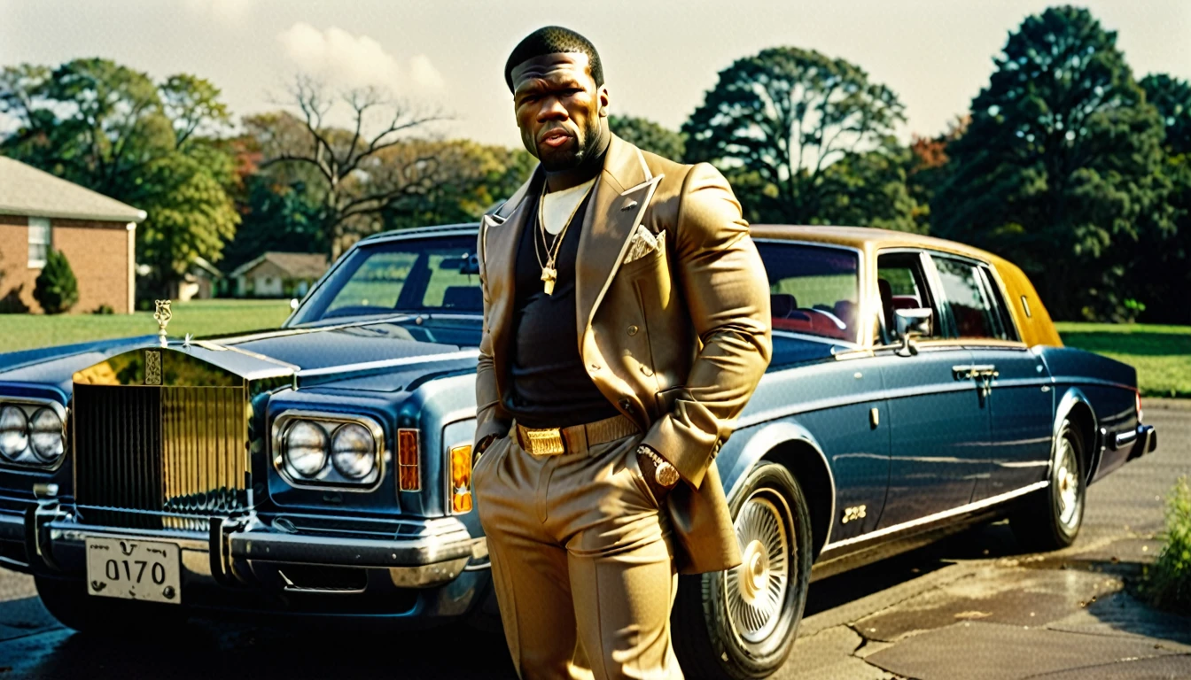 1970s photo of "50 Cent" wearing 1970s gangster attire, he is standing next to a "Rolls Royce", atmospheric perspective