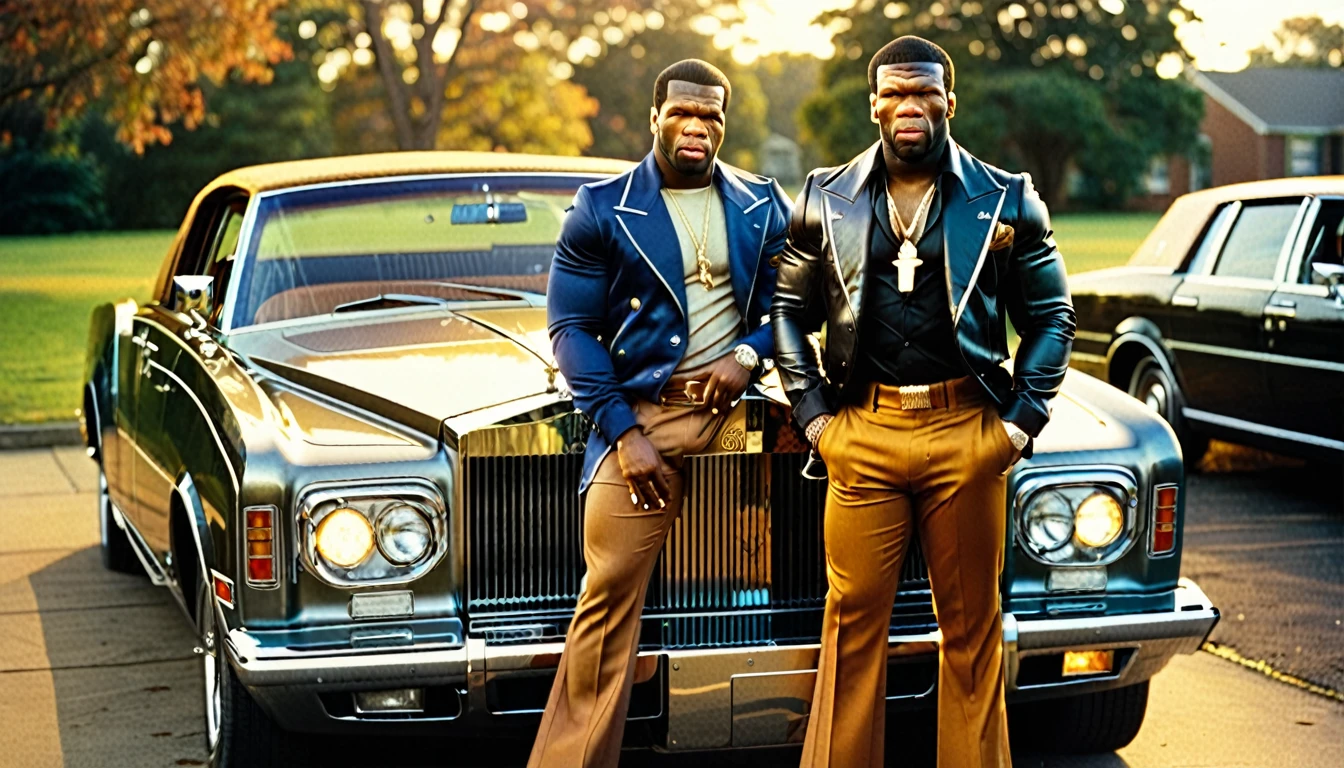 1970s photo of "50 Cent" wearing 1970s gangster attire, he is standing next to a "Rolls Royce", atmospheric perspective