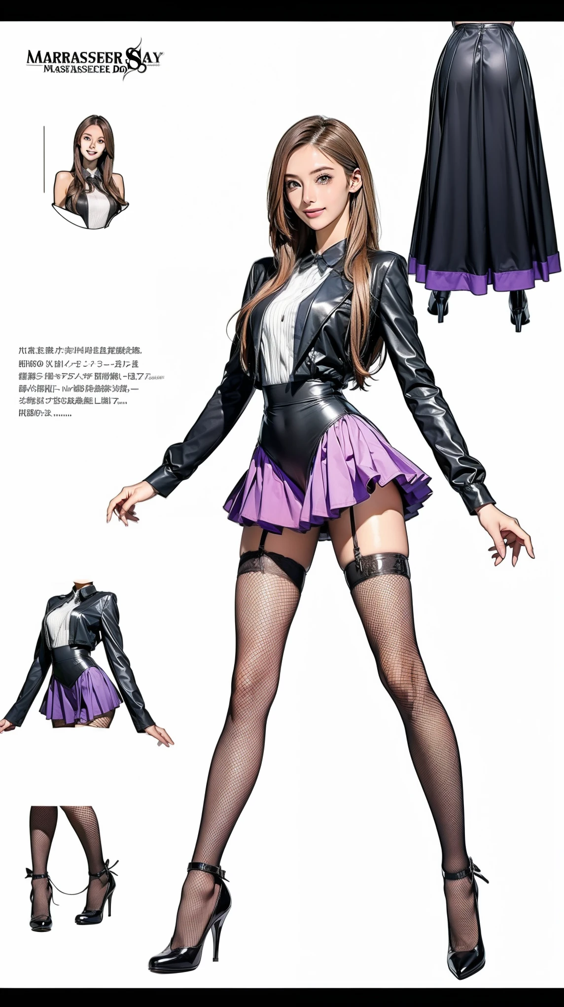 ((masterpiece)),(((Highest quality))),((Character design sheet)),Thin thighs,Long legs,wearing black fishnet tights:1.5,The best smile:1.5,Full Body Shot:1.5,masterpiece, Highest quality, One Girl, Elaina_(May_no_gossip), Silver Hair, Purple eyes, Long Hair,
