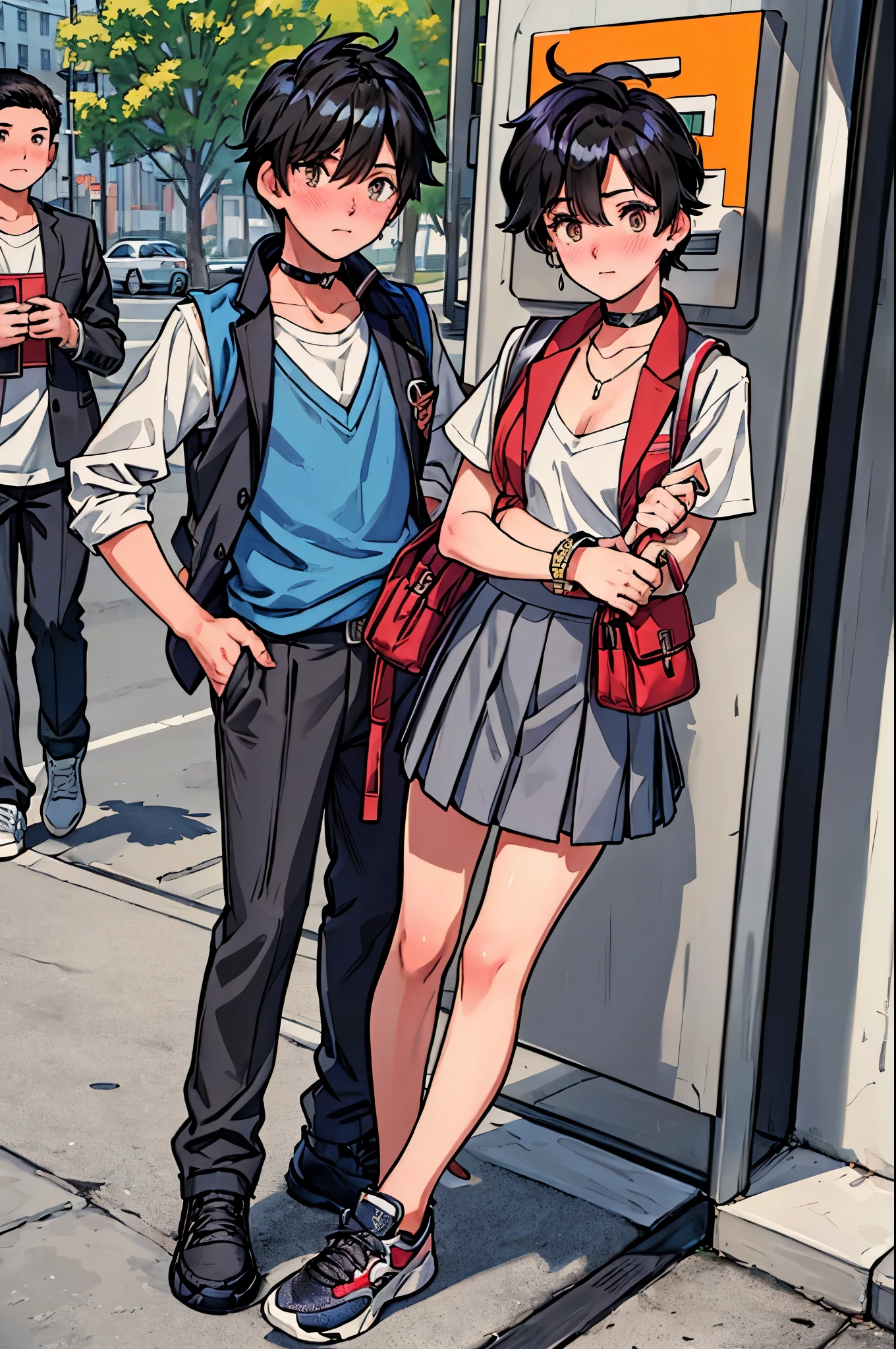"best quality,ultra-detailed,((background:outside the park1,8)),(one boy),(full body),portraits,((sissy boy,tomboy,FemBoy,trap1,8)),bulge1,8,(natural makeup),black choker,necklace,earrings,(short black hair),boy's face,boys body,((nose-blush)),((shy)),((street-casual-style)),(school-uniform),(vest),(blazer),(sneaker),(he’s having shoulder bags),vibrant colors,soft lighting"