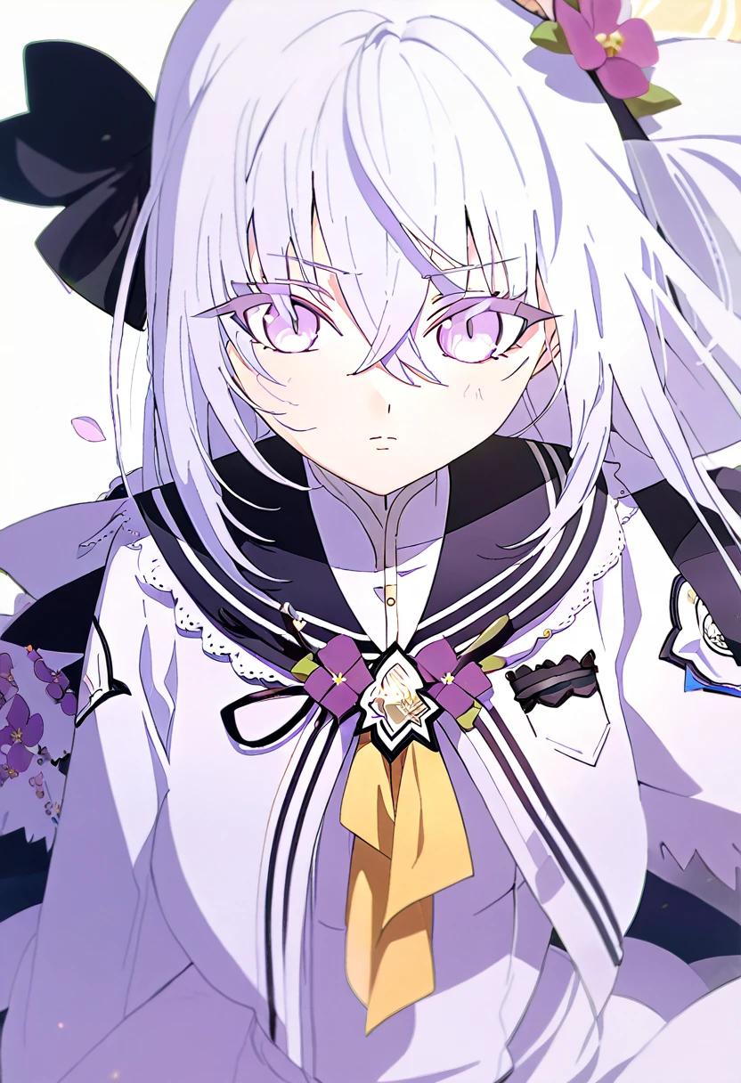 azusa \(blue archive\),1girl black_ribbon black_sailor_collar closed_mouth crescent_halo cropped_torso expressionless eyelashes flower flower_brooch hair_flower hair_ornament hair_ribbon halo lace-trimmed_sailor_collar leaf light_blush light_frown long_hair looking_ahead neck_ribbon neckerchief purple_eyes purple_flower purple_hair ribbon sailor_collar school_uniform serafuku shirt simple_background solo straight_hair white_background white_shirt yellow_halo yellow_neckerchief