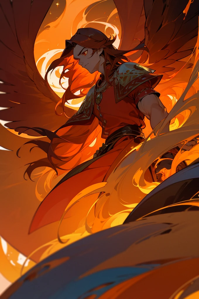 High-quality digital painting of a young man with long flowing brown hair and piercing orange eyes, adorned in majestic royal attire, controlling vibrant flames with a single pair of enormous crimson wings sprouting from his back, intense and powerful, detailed hair and facial features without facial hair and without fire or accessories on the face, fiery and majestic, fantasy, vibrant color palette, dramatic lighting