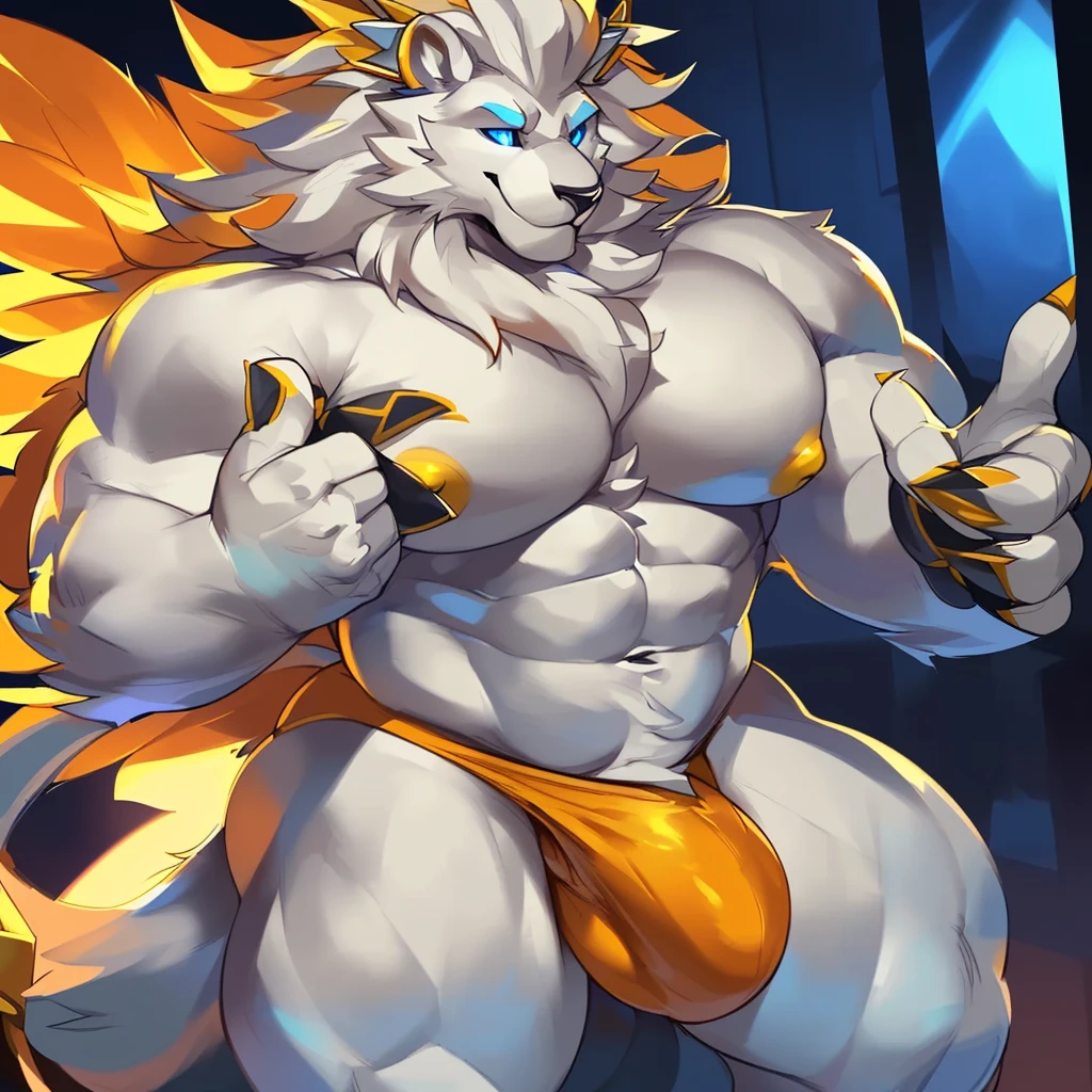 Solo, Anthro, male (((solgaleo, lion, blue sclera, muscular, big pecs, abs, yellow nipples, white fur, black body, black nose, multicolored body, multicolored fur, multicolored mane, white mane, mane, grey pecs, black chest, black abdomen, white arms, white legs, 5 fingers, tail, white tail, yellow tipped tail, markings, orange tipped mane, orange speedo, big bulge))) standing, pokemorph, biped ((focus grey abdomen, focus solgaleo, focus grey chest)) full body, perfect anatomy, by darkgem, by mystikfox61, by glitter trap boy