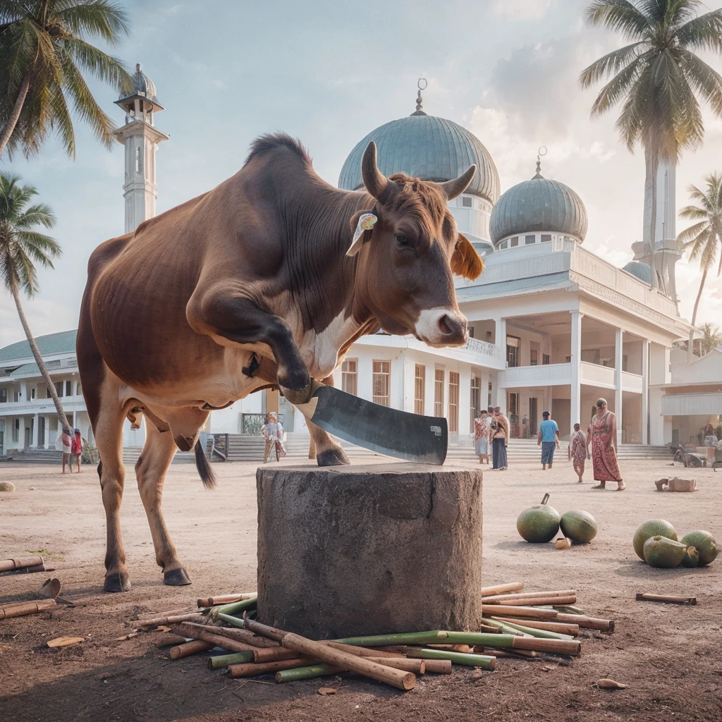 a cow stands on the bank of a river, sharpening a large machete using a sharpening stone. Background there is a traditional wooden house and several other cows, surrounded by coconut trees, creating a strange and surreal rural atmosphere.