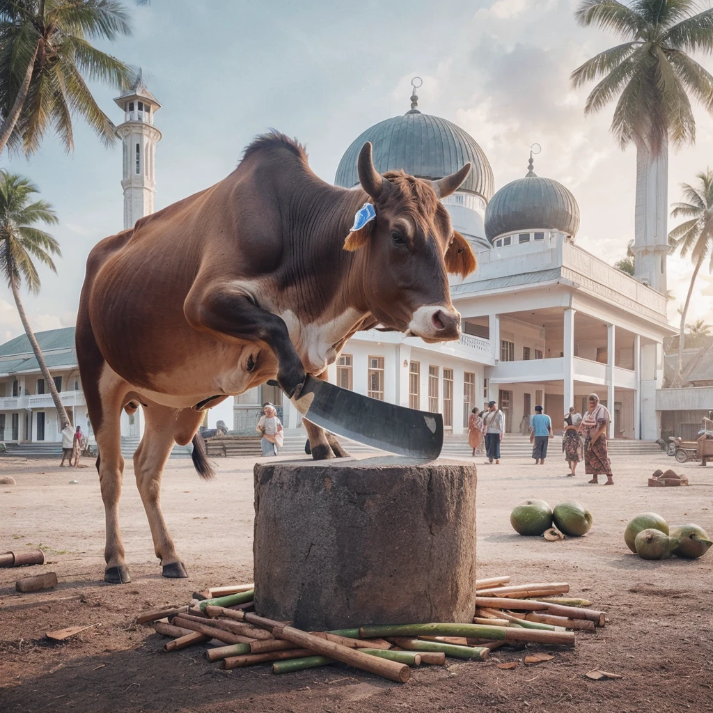a cow stands on the bank of a river, sharpening a large machete using a sharpening stone. Background there is a traditional wooden house and several other cows, surrounded by coconut trees, creating a strange and surreal rural atmosphere.