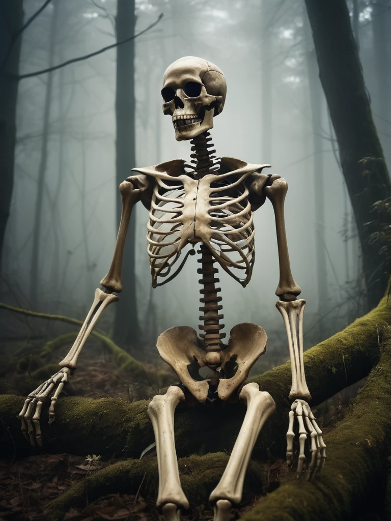 award winning photograph of a old broken skeleton, yellowed with time, with a black ooze coming from inside the broken bones made of ais-cbwbs, in a old creepy forest covered in fog, magical, whimsical, fantasy art concept, intricate details, best quality, masterpiece, ultra shartp, hyper realistic, realism