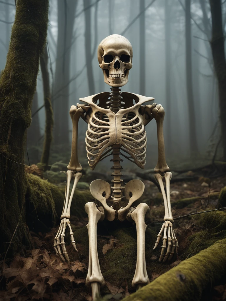 award winning photograph of a old broken skeleton, yellowed with time, with a black ooze coming from inside the broken bones made of ais-cbwbs, in a old creepy forest covered in fog, magical, whimsical, fantasy art concept, intricate details, best quality, masterpiece, ultra shartp, hyper realistic, realism