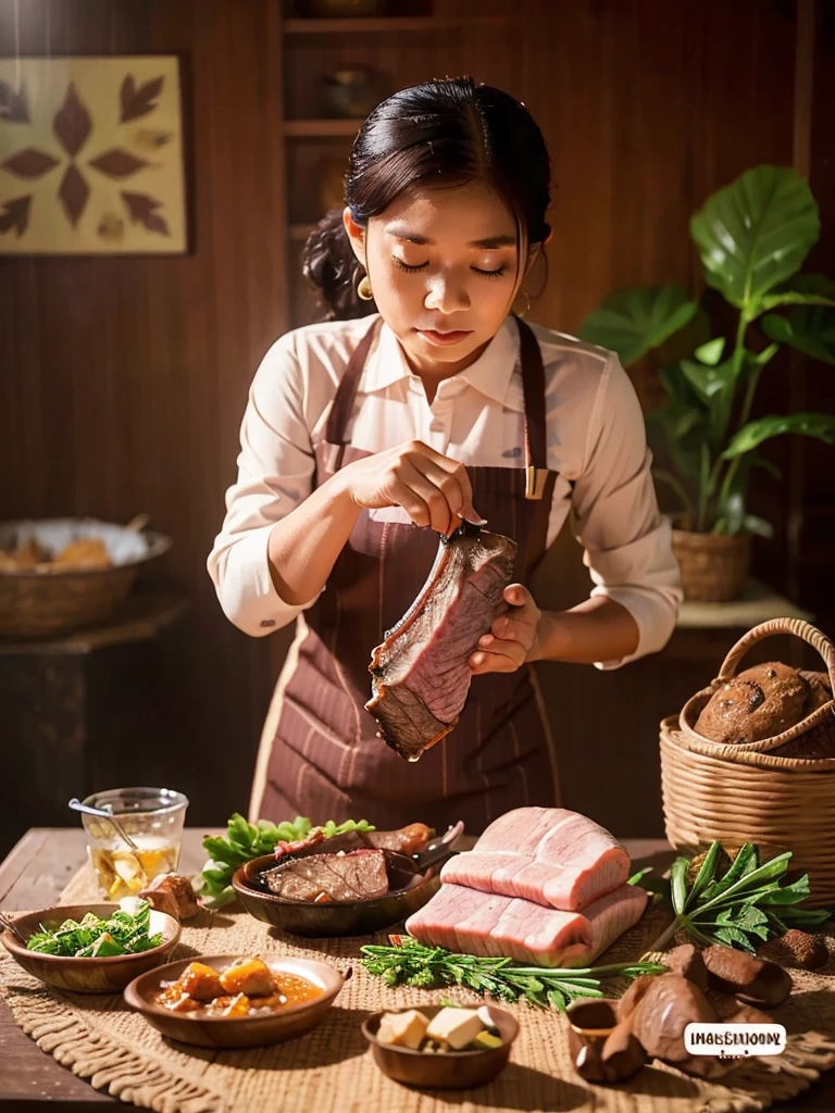 Sebuah keluarga sedang memotong daging sapi besar di dapur dalam nuansa islami