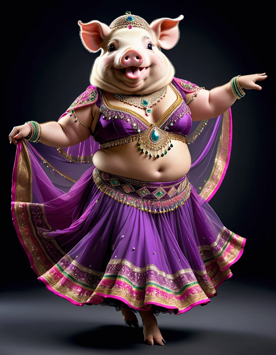 photorealistic portrait of Dressed animals - a ((fat)) ((pig)) dancer,(furry), (dynamic dancing:2.0), (swinging arms :2.0),(happy smile:1.2),high quality,(happy),(lovely) ,intricate details, (sheer veil), highly detailed (( gypsy belly dancing clothes)) ,highly detailed decorations of clothes, Wearing gypsy belly dancing clothes, , (happy), studio lighting,(full body image:1.5),simple background,(viewed from side:2.0),