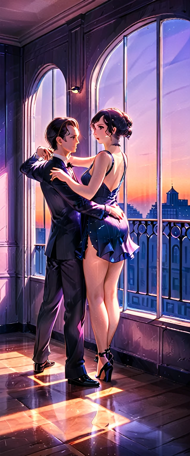 In an Art Deco Ballroom in the 1920s, Outside the window is a balcony. A narrow French window with an arched top leads out to the balcony., Outside, the sun has almost set, but the sky is a deep blue with a hint of purple., and small stars are shining in the dark blue sky, a small star is coming, outthere is a potted plant by the window, and a man and woman are dancing the tango facing each other. The man is facing forward and the woman has her back to the viewer. The man is wearing a black suit and the woman is wearing a purple long tight dress. The dress is sleeveless with a large V-shaped opening at the chest and a long slit, exposing their thighs. The room is dimly lit with only overhead lighting. The lighting is from directly above, and shadows are cast on the eye sockets, making it impossible to read their expressions.