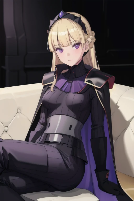 8k,highres,absurdres,masterpiece,best quality,original,extremely detailed CG,extremely detailed wallpaper,perfect lighting,1girl,solo,sitting,couches 
AmSW,long hair,blonde hair,black gloves,purple eyes,black hairband,cape,cape around her body,black bodysuit,medium breasts,braid,blunt bangs,