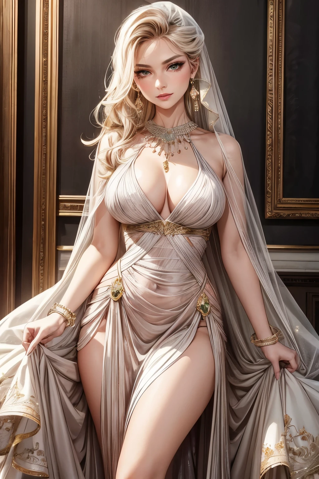 A masterpiece, top-tier quality, 16K UHD,
standing,
Luxurious mansion, solitaire, classy and elegant, poised, captivating, radiant smile, rosy cheeks, emerald green eyes, sleek hair, flawless skin, detailed facial structure, striking facial features, anatomically correct, highly detailed facial and skin texture, natural eyes, full lips, defined jawline, slender nose, high cheekbones, pink blush on cheeks, perfectly shaped eyebrows, long lashes, glossy lips, delicate earrings, and a necklace, wearing a form-fitting dress, heels, and gemstone jewelry.
(Beaut