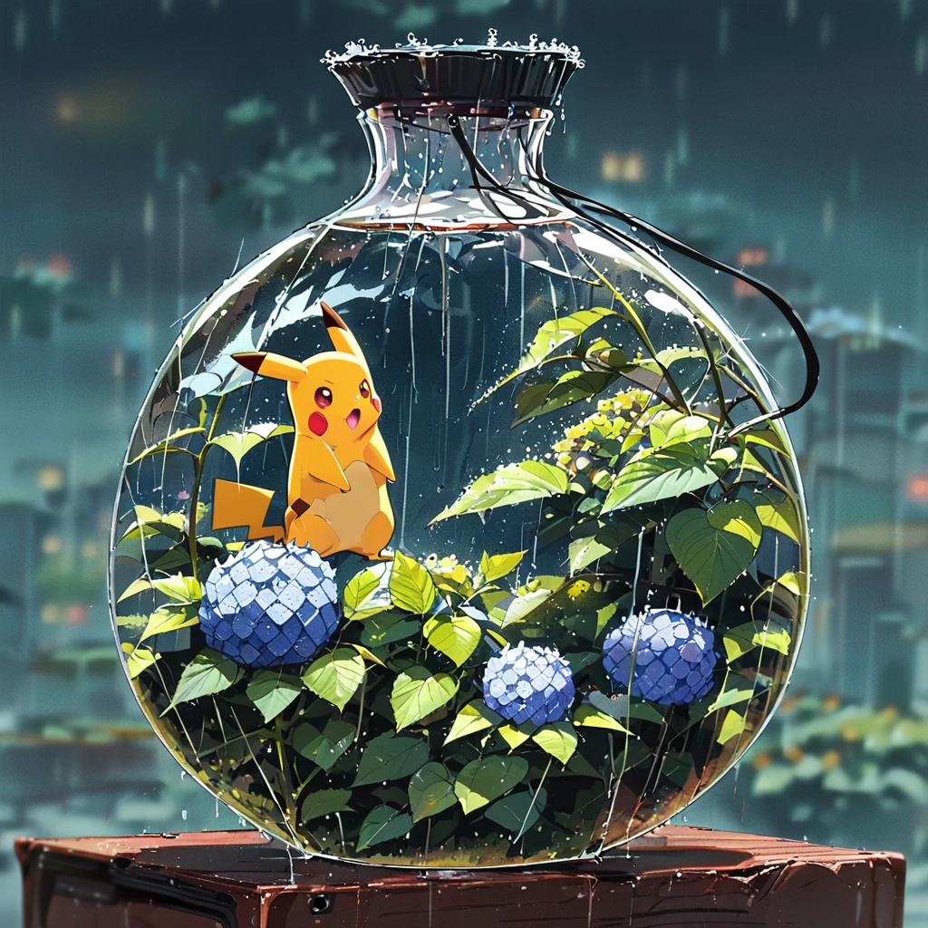 ((anime:1.4,illustration)),(masterpiece, top quality, best quality),(ultra-detailed, absolutely resolution),((16k, high res)),

(((A sphere made of hydrangeas, Pikachu standing on it,
Pikachu holding an umbrella, rain, light blue background))

((cozy lofi illustration:1.4)), ((anime:1.4, illustration)),(masterpiece, top quality, best quality),(ultra-detailed, absolutely resolution),((16k, high res)) BREAK {lofi art, style of Laurie Greasley, style of Makoto Shinkai, anime aesthetic}, BREAK { (produces images with information than 40 million pixels with cinematic-like detailed textures shot on a Sony SLR).}
