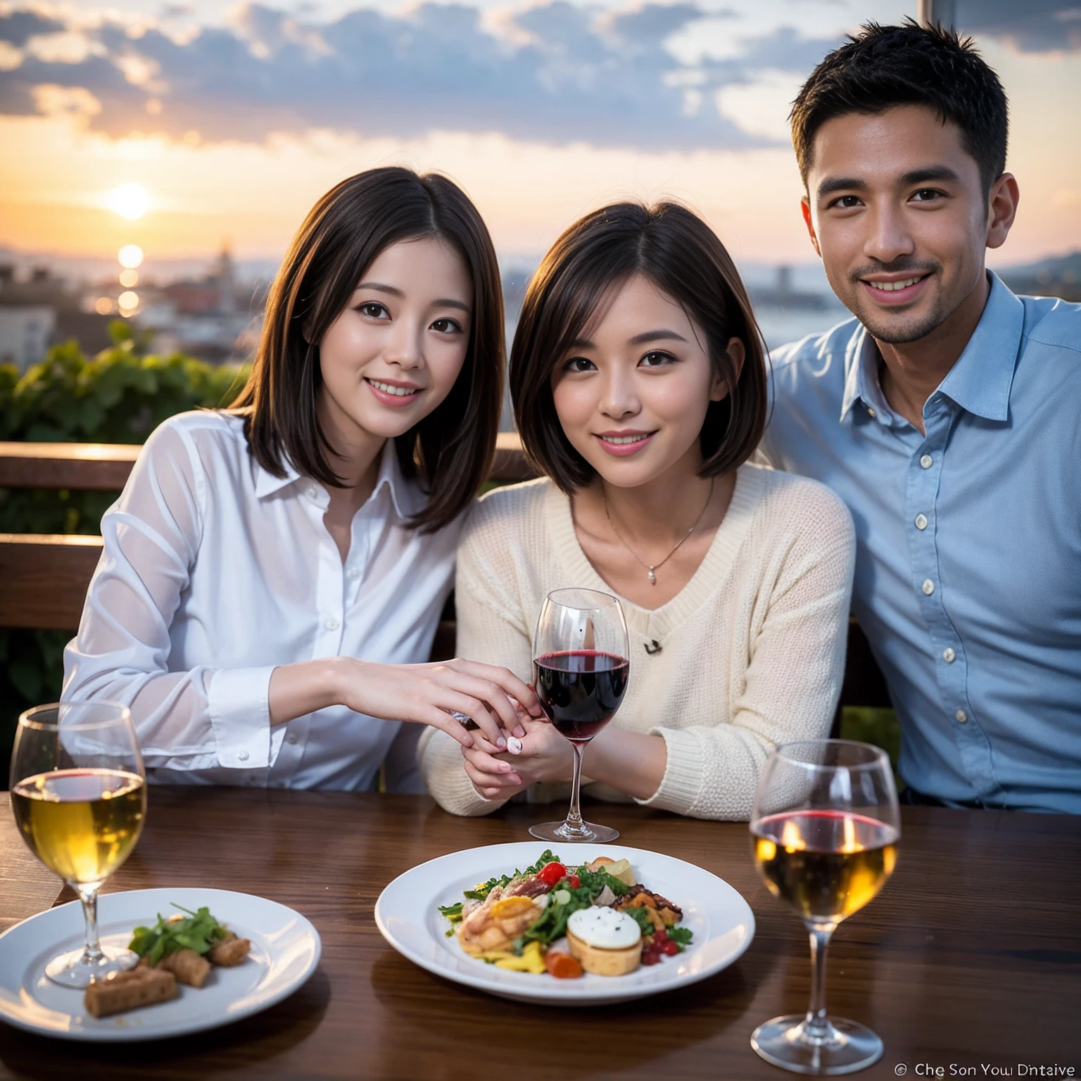 ((Highest quality、8k、masterpiece:1.3))、 (Genuineistic, Genuine、Bright image、Intricate details:1.2), 最高のsmile、1 male, 1 female、Beautiful couple、Satomi Ishihara-like lover、Good friends、actress couple、smile、Full-course dinner at a packed table、 (Slim face), (the body is slim), (Brown Hair), (short hair), テーブルのwine glass、Please shine a light on my face、 Amazing view of the sunset sky and clouds、 (36 years old)38 years old, red wine 、Appetizers、Wine bottle、sparkling wine、Long sleeve shirt、dress、White wine, red wine, wine glass, 