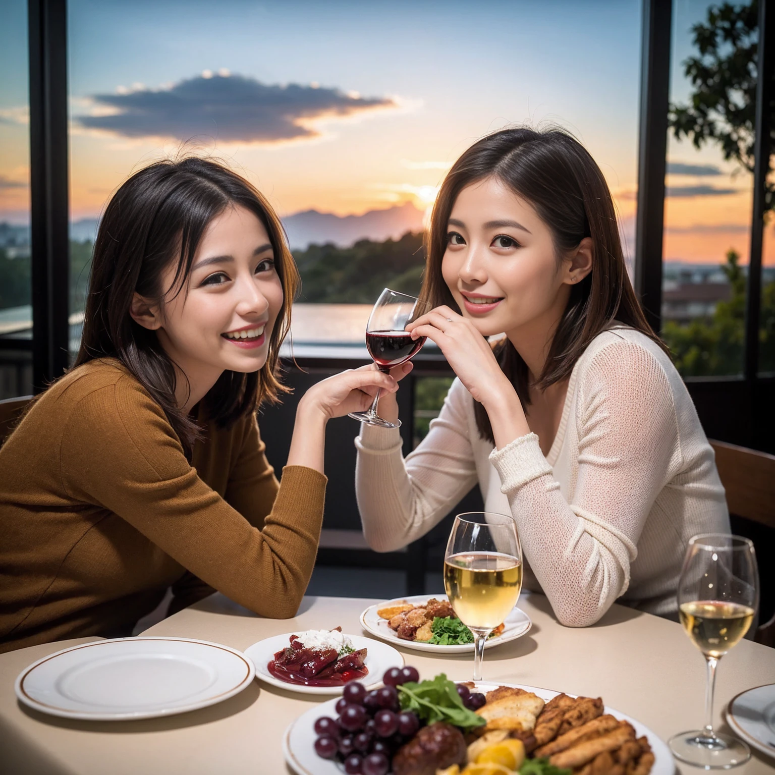 ((Highest quality、8k、masterpiece:1.3))、 (Genuineistic, Genuine、Bright image、Intricate details:1.2), 最高のsmile、1 male, 1 female、Beautiful couple、Satomi Ishihara-like lover、Good friends、actress couple、smile、Full-course dinner at a packed table、 (Slim face), (the body is slim), (Brown Hair), (short hair), テーブルのwine glass、Please shine a light on my face、 Amazing view of the sunset sky and clouds、 (36 years old)38 years old, red wine 、Appetizers、Wine bottle、sparkling wine、Long sleeve shirt、dress、White wine, red wine, wine glass, 