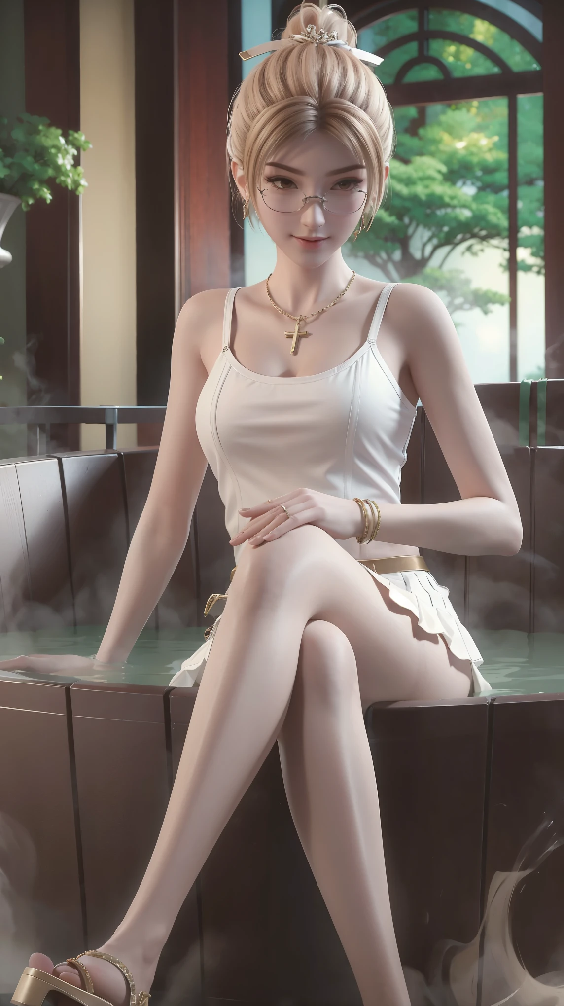 masterpiece,  best quality,  tthl, 1 Girl, ************, Solitary, Long hair:1.2, Large Breasts, Bangs, Hair accessories, Glasses, Single Ponytail, skirt, Bare shoulders, Jewelry, Brown hair, Alternative clothing, white skirt,  bracelet, ear rings,  长skirt, 蕾丝skirt, bracelet, High heel, 系带High heel, 细High heel, Charming smile,Cross your legs, Sitting in the bathtub, indoors, From below，White Camisole