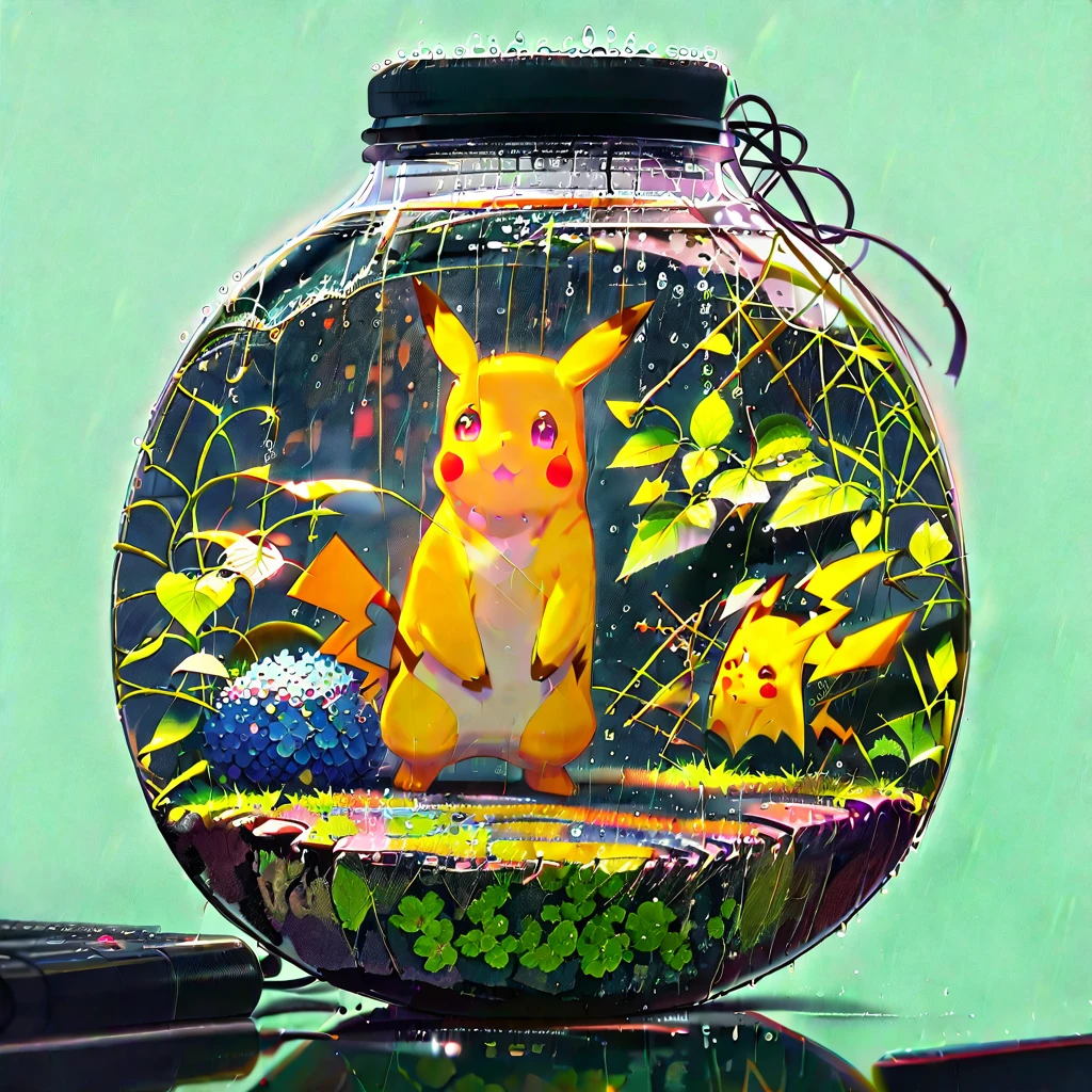 ((anime:1.4,illustration)),(masterpiece, top quality, best quality),(ultra-detailed, absolutely resolution),((16k, high res)),

(((A sphere made of hydrangeas, Pikachu standing on it,
Pikachu holding an umbrella, rain, light blue background))

((cozy lofi illustration:1.4)), ((anime:1.4, illustration)),(masterpiece, top quality, best quality),(ultra-detailed, absolutely resolution),((16k, high res)) BREAK {lofi art, style of Laurie Greasley, style of Makoto Shinkai, anime aesthetic}, BREAK { (produces images with information than 40 million pixels with cinematic-like detailed textures shot on a Sony SLR).}