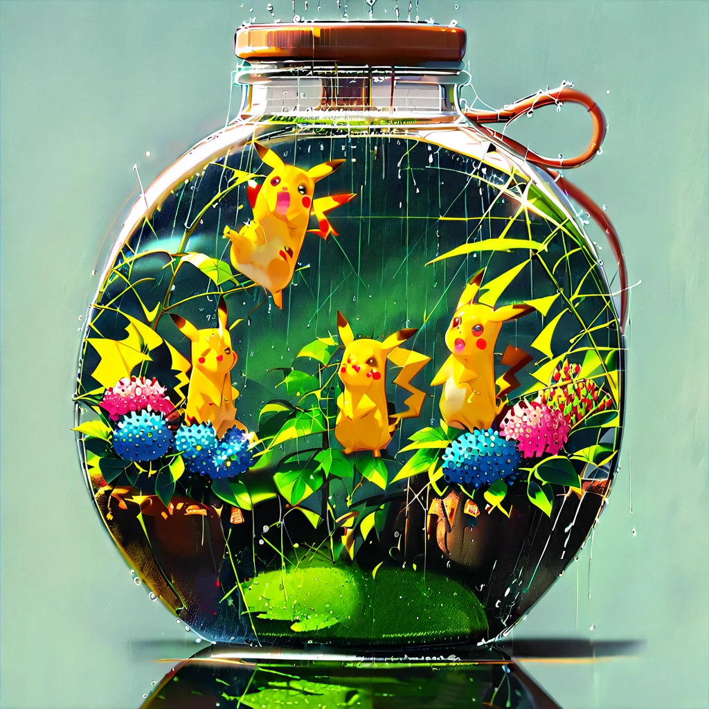 ((anime:1.4,illustration)),(masterpiece, top quality, best quality),(ultra-detailed, absolutely resolution),((16k, high res)),
(((A sphere made of hydrangeas, Pikachu standing on it,
Pikachu holding an umbrella, rain, light blue background))
((cozy lofi illustration:1.4)), ((anime:1.4, illustration)),(masterpiece, top quality, best quality),(ultra-detailed, absolutely resolution),((16k, high res)) BREAK {lofi art, style of Laurie Greasley, style of Makoto Shinkai, anime aesthetic}, BREAK { (produces images with information than 40 million pixels with cinematic-like detailed textures shot on a Sony SLR).}