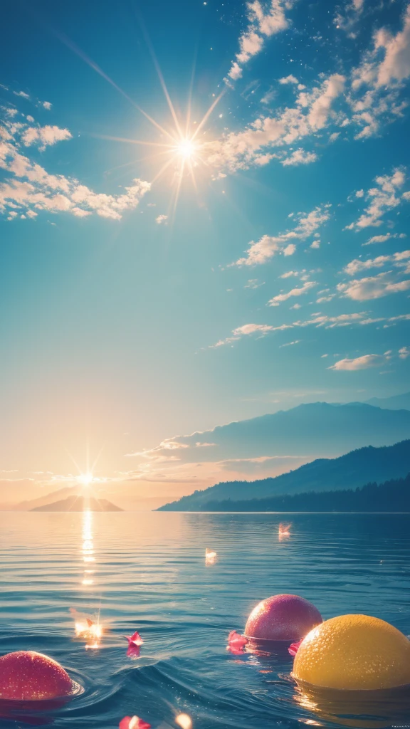 official art，Unity 8k wallpaper，Extremely detailed，Beauty and aesthetics，masterpiece，Best quality，The content is very detailed，Bright colors，romanticism，Summer Dream，fruit，Dreamy lighting，The scattered water drops float in the air and sparkle in the sun，HD，Details，Best quality