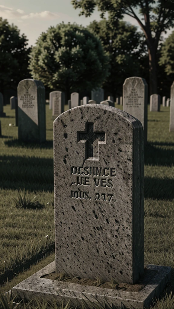 Photorealistic grave headstone , "see yall in Hell" engravement, realistic grass graveyard background, gossy granite material