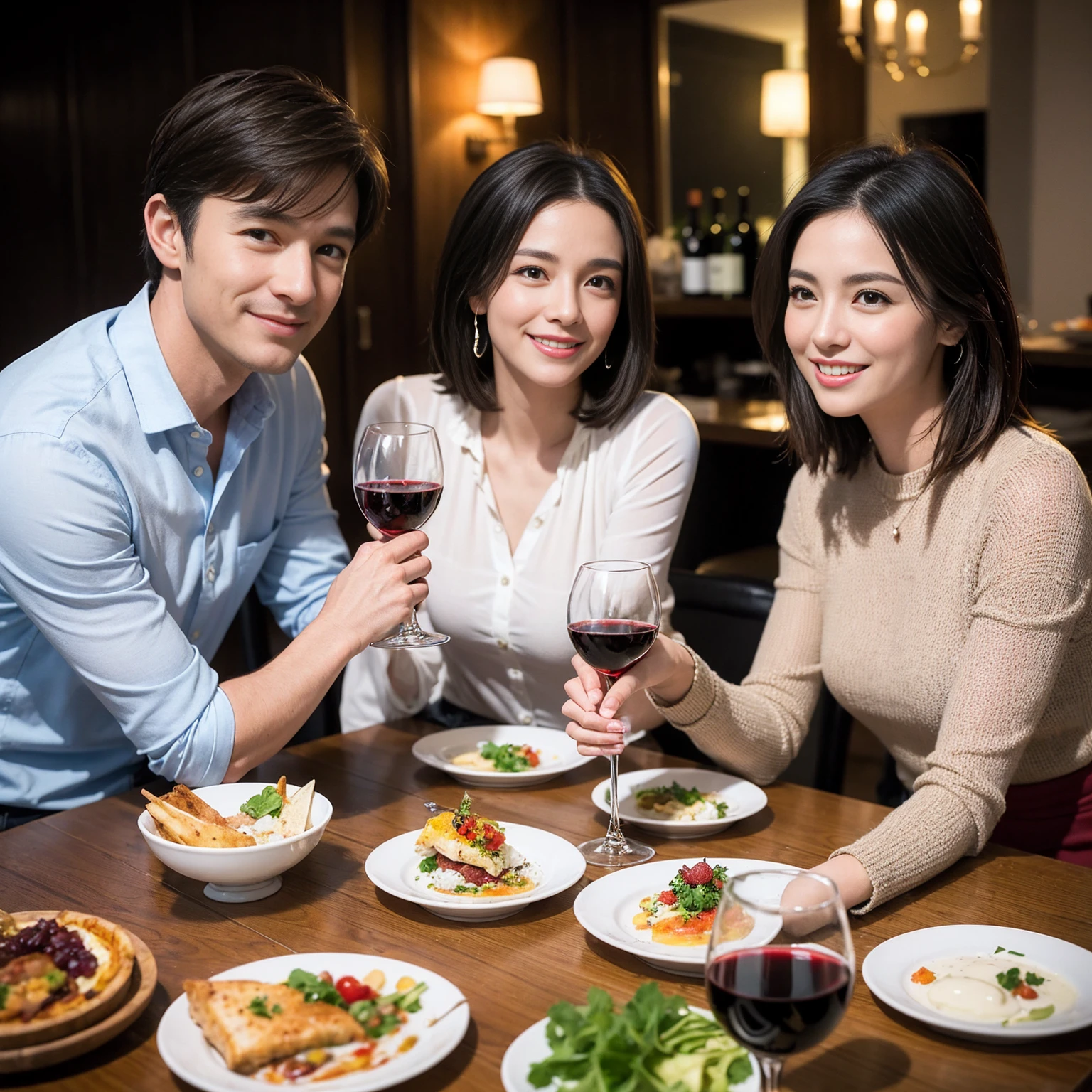 ((Highest quality、8k、masterpiece:1.3))、 (Genuineistic, Genuine、Bright image、Intricate details:1.2), 最高のsmile、1 male,1 female、Beautiful couple、spouse、fiancee、Good friends、actress couple、smile、Full-course dinner at a packed table、 (Slim face), (the body is slim), (Brown Hair), (short hair), テーブルのwine glass、Please shine a light on my face、 Amazing view of the sunset sky and clouds、 (42 years old)38 years old, red wine 、Appetizers、Wine bottle、sparkling wine、Long sleeve shirt、dress、White wine, red wine, wine glass,