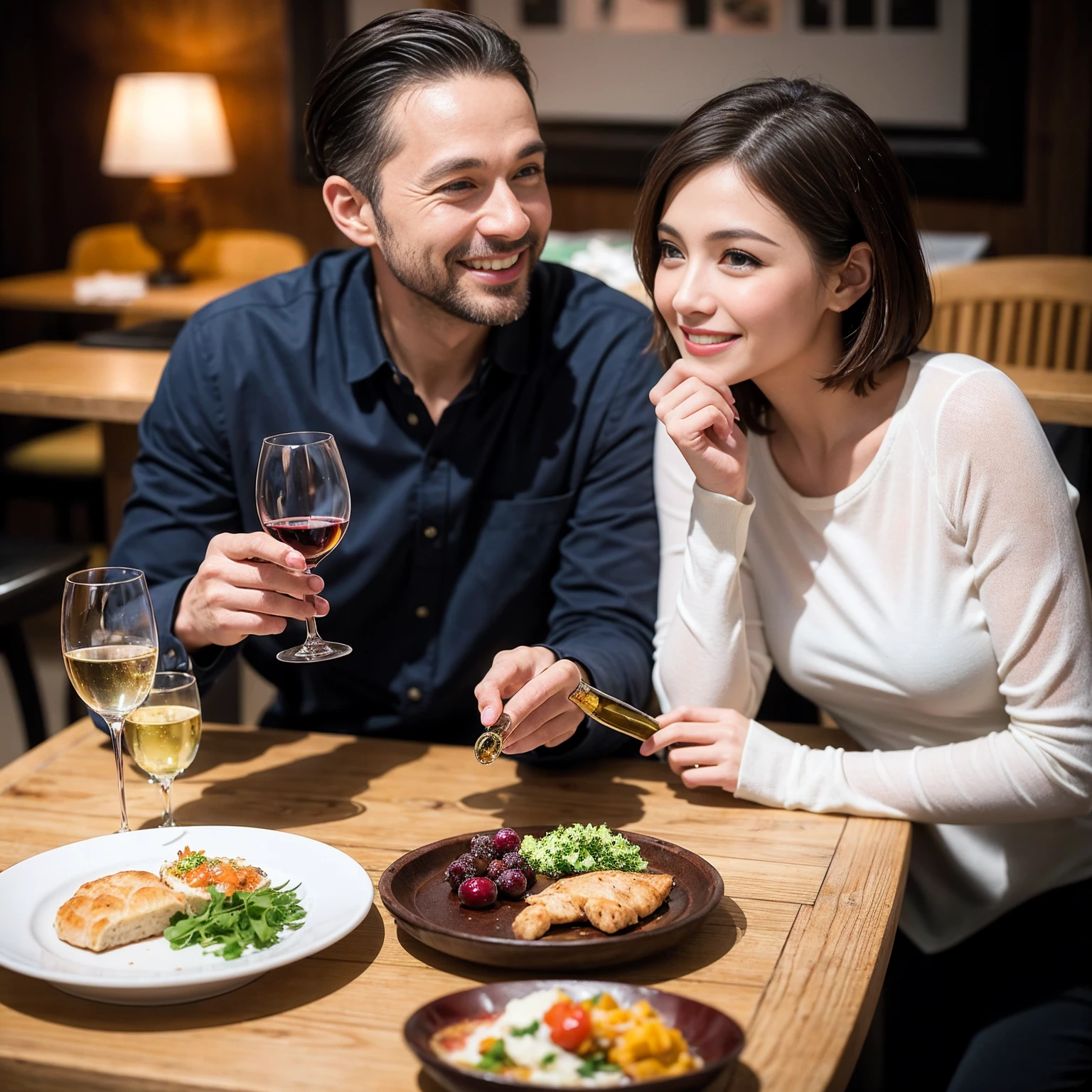 ((Highest quality、8k、masterpiece:1.3))、 (Genuineistic, Genuine、Bright image、Intricate details:1.2), 最高のsmile、1 male,1 female、Beautiful couple、spouse、fiancee、Good friends、actress couple、smile、Full-course dinner at a packed table、 (Slim face), (the body is slim), (Brown Hair), (short hair), テーブルのwine glass、Please shine a light on my face、 Amazing view of the sunset sky and clouds、 (42 years old)38 years old, red wine 、Appetizers、Wine bottle、sparkling wine、Long sleeve shirt、dress、White wine, red wine, wine glass,