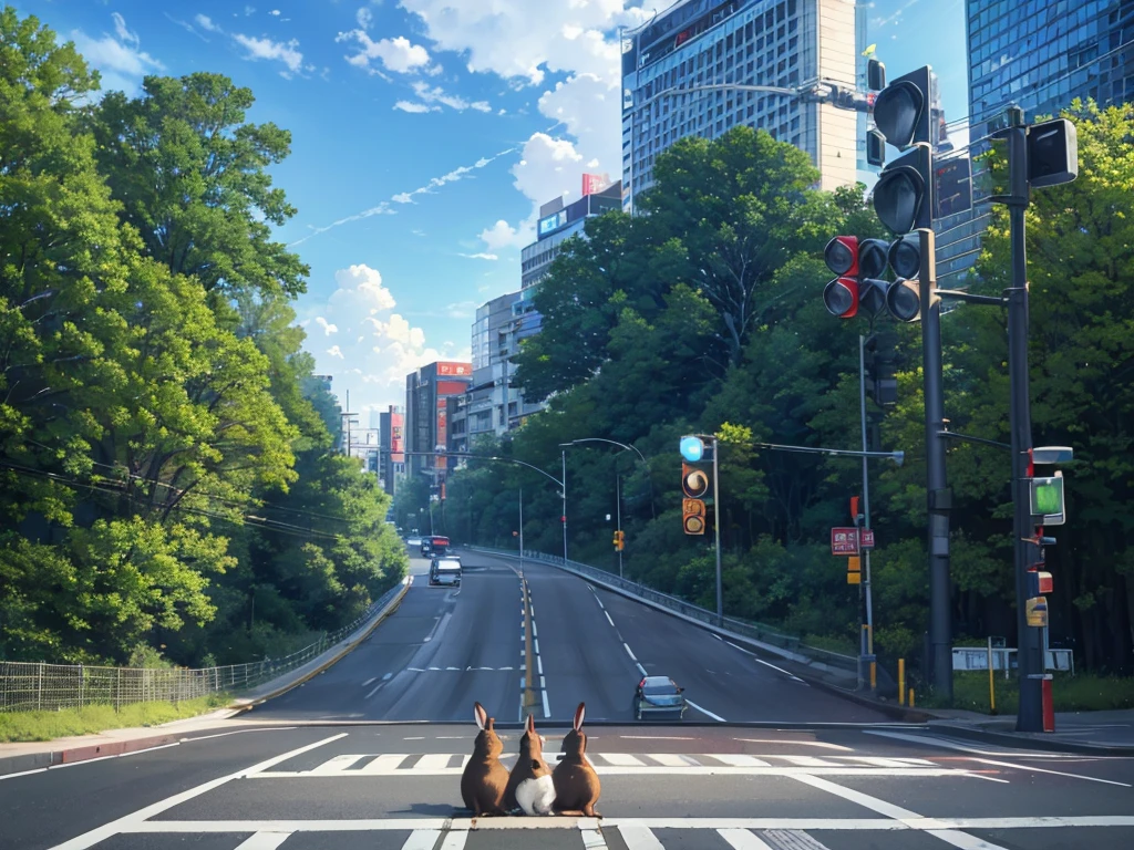 Traffic lights flashing blue against a blue sky in the forest、Traffic lights floating in the sky、Animal Traffic Lights、Rabbits and squirrels are waiting for the traffic light at the crosswalk、The traffic light is flashing blue、White clouds on a clear sky、Face Highlights、Lo-fi art style, Nostalgic and melancholic artwork,