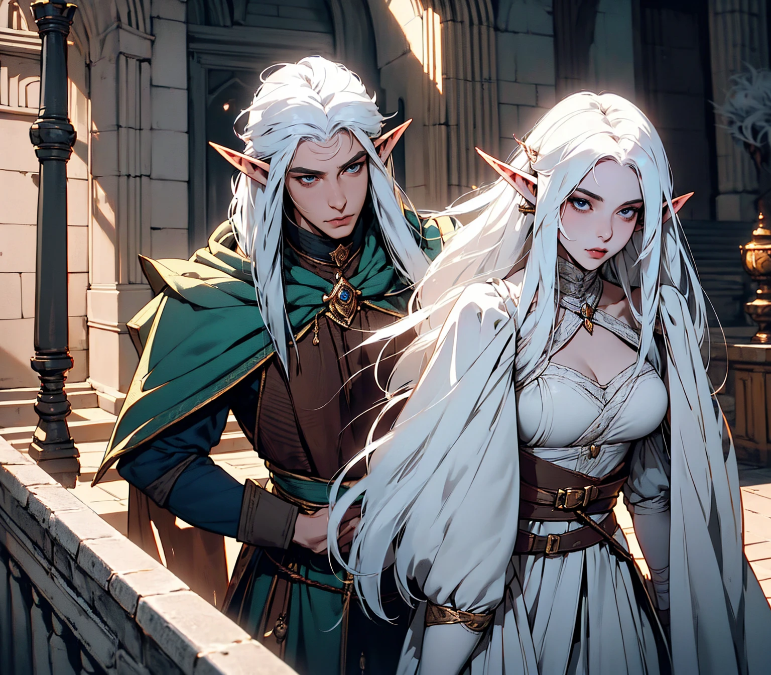 Male and female elf walking on the streets of a medieval city,(white hair handsome male elf:1.6), (woman elf white hair:1.6), {Obra de arte} {anatomically correct}, (1 male, 1 female:1.6), melhor qualidade, , cabelo longo, olhos vibrantes, vitorian attire, smile, looking at the viewer, (white hair female elf), boca fechada, Fantasy aesthetic, altamente detalhado,dynamic poses, estilo shadowverso, elf ear, Prepare-se para mergulhar em um mundo onde a beleza e o artesanato se fundem perfeitamente, anatomically correct.