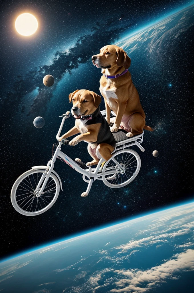 A dog who ride cycle on space