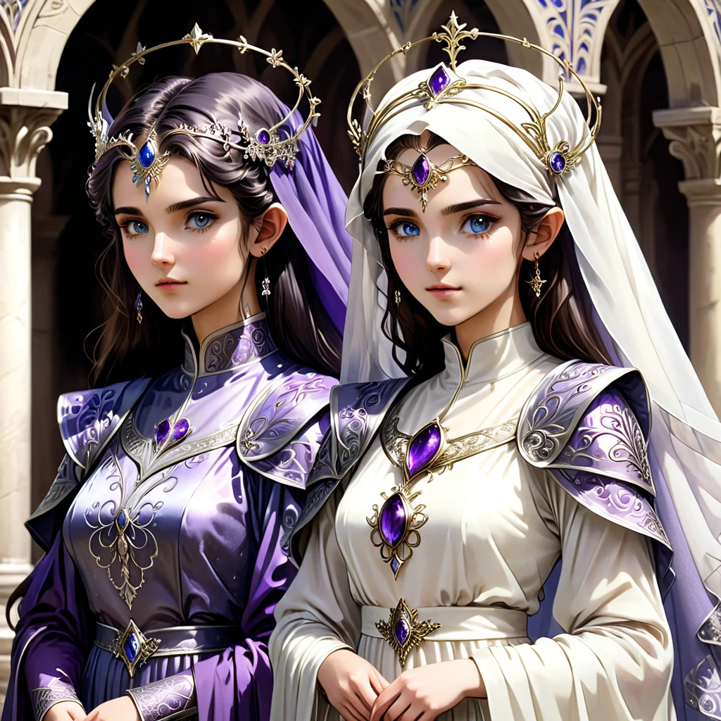 Full picture images Young Gondorian women in a almost gothic quasi byzantine gown a white silver or pale gray with intricate detail some deeper darker richer colors blues purples with silver and god and kinda filigree pattens wearing a pale filmy headveil with small somewhat simple design silver slender circlet around itkinda anime looks feel in a kinda leafy qyasi gothic byzatine ladscaped courtyard gardens