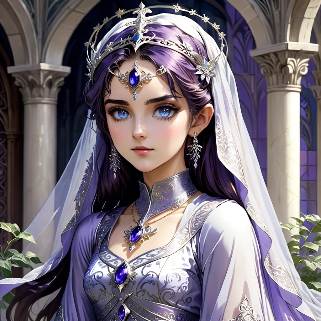 Full picture images Young Gondorian women in a almost gothic quasi byzantine gown a white silver or pale gray with intricate detail some deeper darker richer colors blues purples with silver and god and kinda filigree pattens wearing a pale filmy headveil with small somewhat simple design silver slender circlet around itkinda anime looks feel in a kinda leafy qyasi gothic byzatine ladscaped courtyard gardens