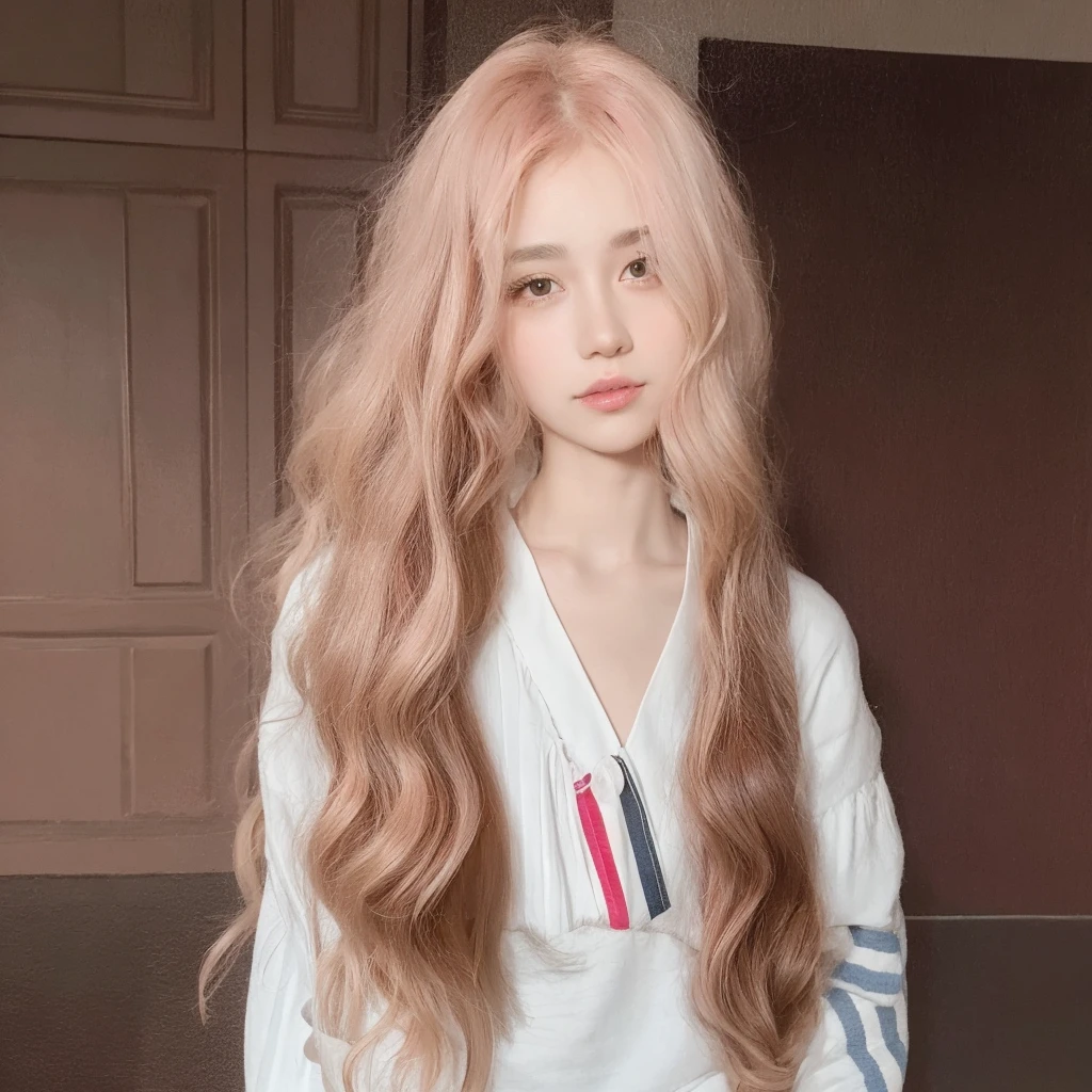 Pink long curly hair,Middle-parted long curly hair with bangs,The background is simple and clean