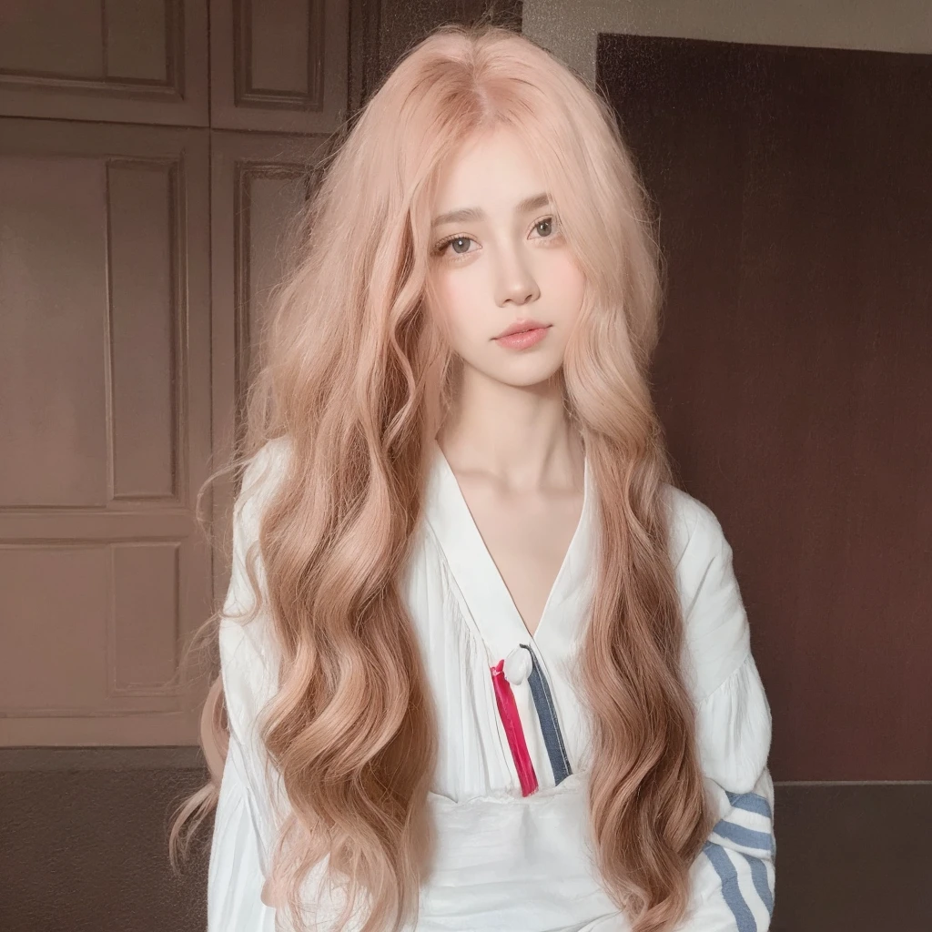 Pink long curly hair，Middle-parted long curly hair with bangs，The background is simple and clean